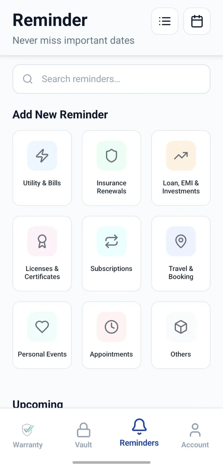 CheckMyWarranty Reminders home screen for important dates