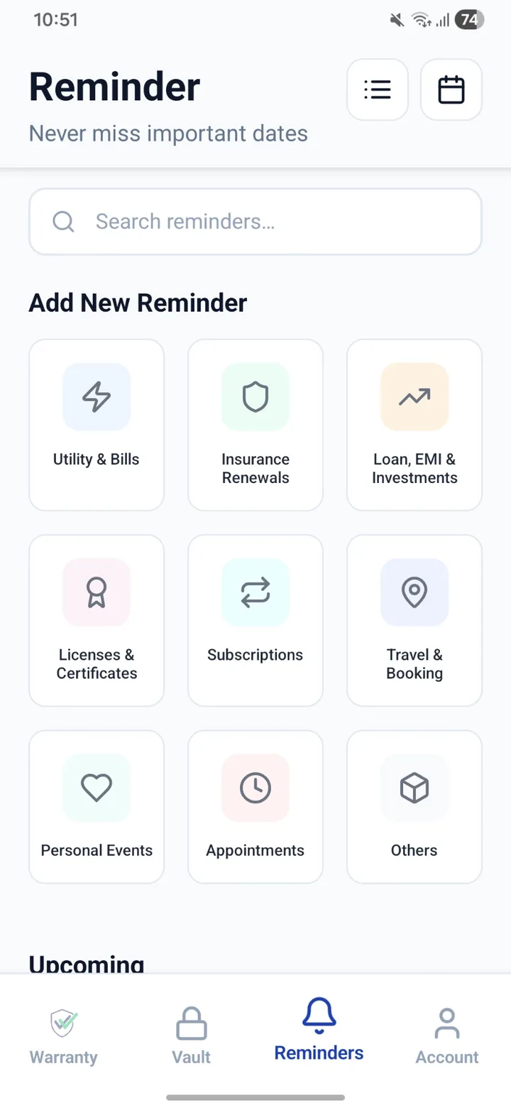 CheckMyWarranty Reminders home screen with reminder categories