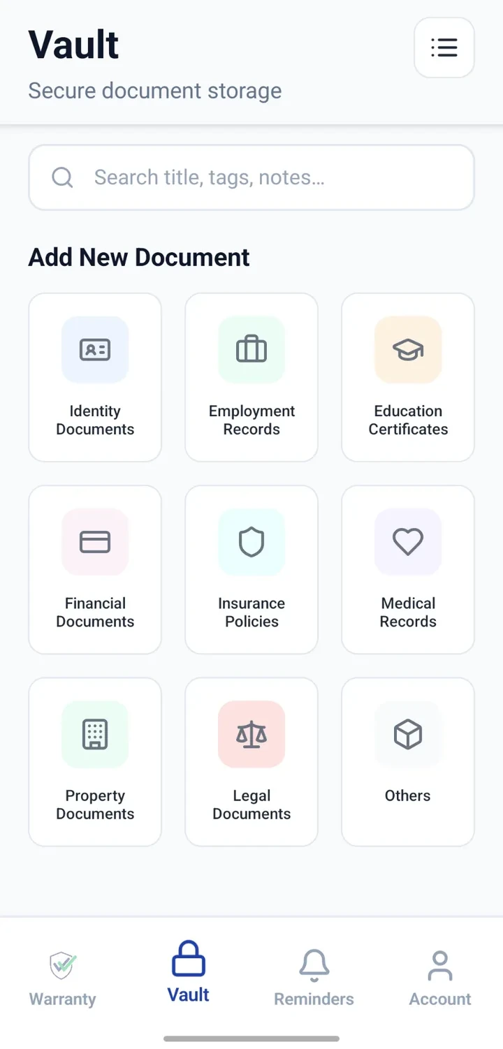 CheckMyWarranty Vault home screen for secure document storage