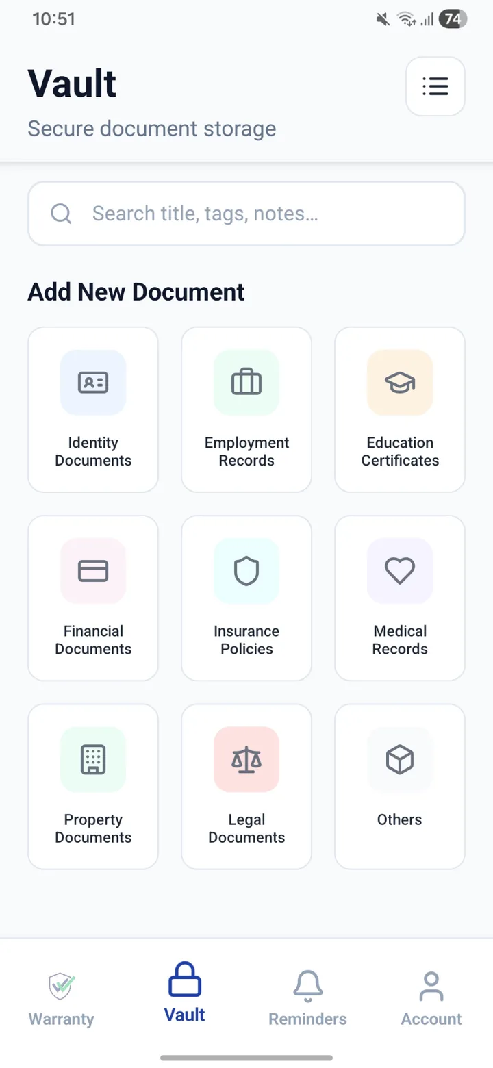 CheckMyWarranty Vault home screen with document categories